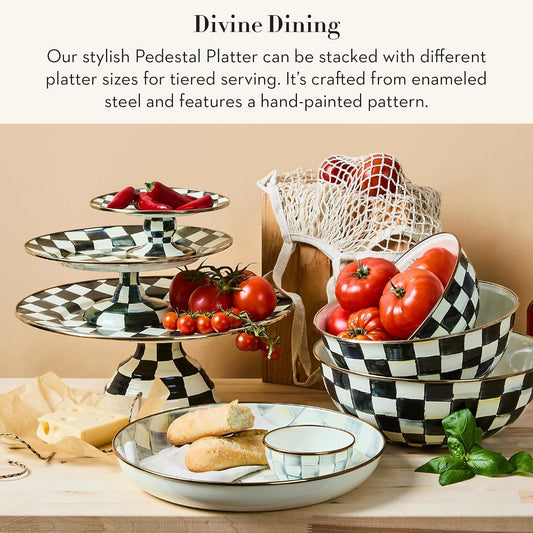 Enamel Pedestal Serving Platter, Decorative Serving Dish for Food, Mini, Black-and-White Courtly Check