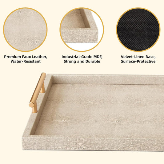 Modern Decorative Tray Set of 2 Ivory Shagreen Leather and Wood Serving Tray with Gold Polished Metal Handles for Ottoman, Coffee Table, Bathroom and More