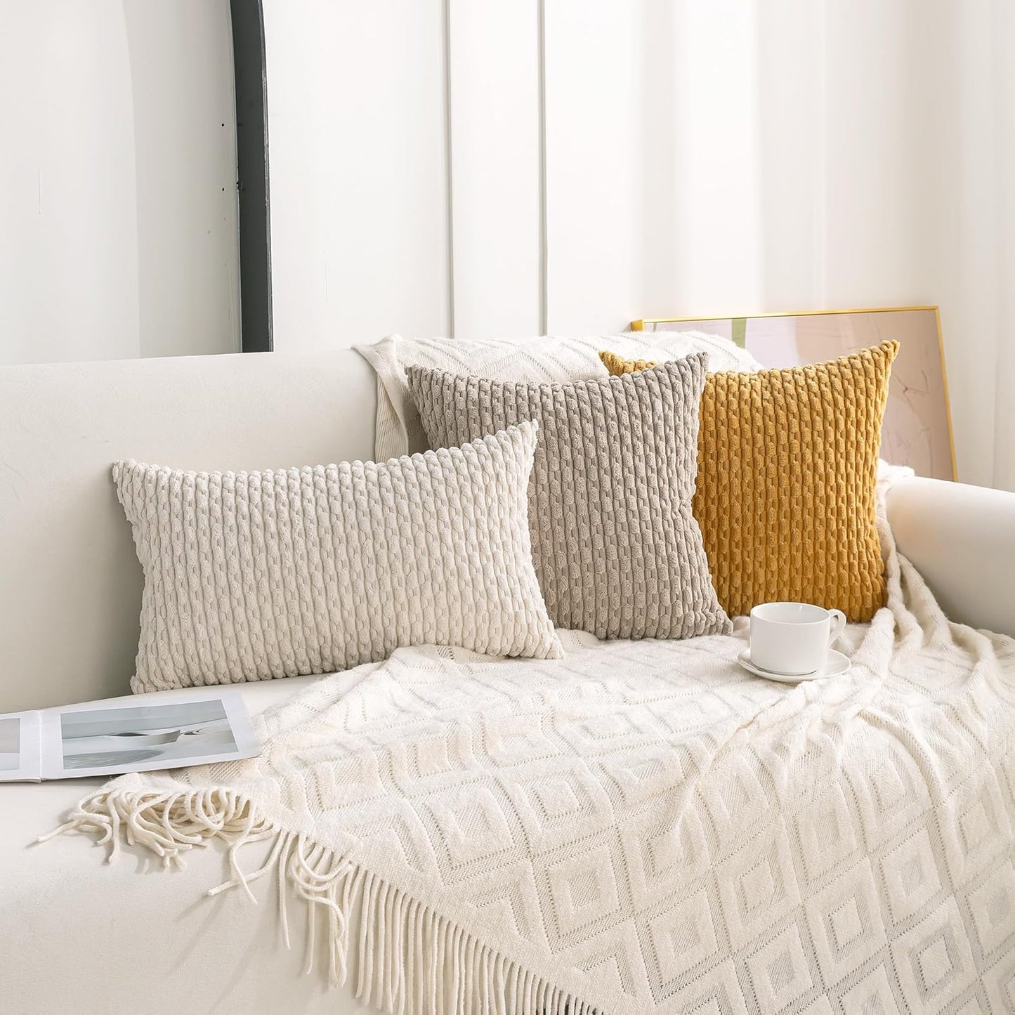 Set of 4 Neutral Decorative Throw Pillow Covers 18x18 Inch Corduroy Pillow Covers for Bed Couch Sofa Living Room Soft Square Cushion Cases