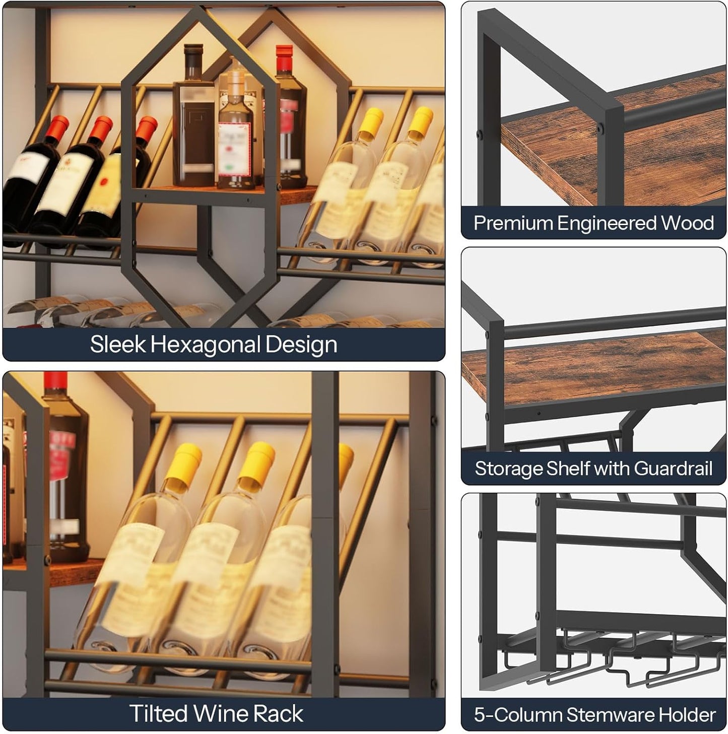 HOOBRO Wall Mounted Wine Rack with LED Light, 31.5" Wine Shelf, 3 Tier Wine Bottle Display Shelf with Glass Holder, Hanging Bar Liquor Storage Rack, for Kitchen, Bar, Rustic Brown and Black BF73DBJ01