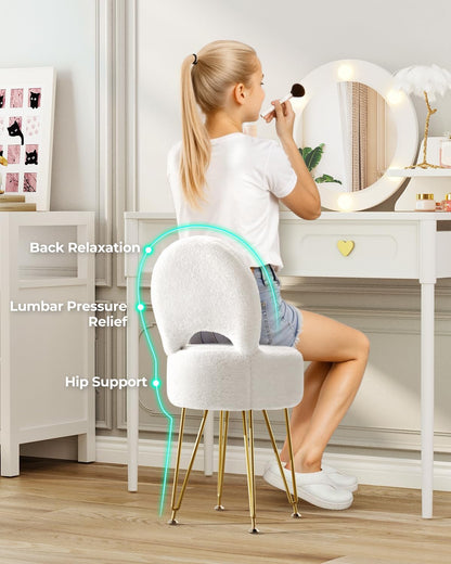 Small Vanity Stool Chair with Storage and Folding Back, 13" x 13" x 17.7" Faux Fur Soft Ottoman for Teenager, 4 Metal Legs with Anti-Slip Feet, Furry Padded Seat for Makeup, Bedroom, White