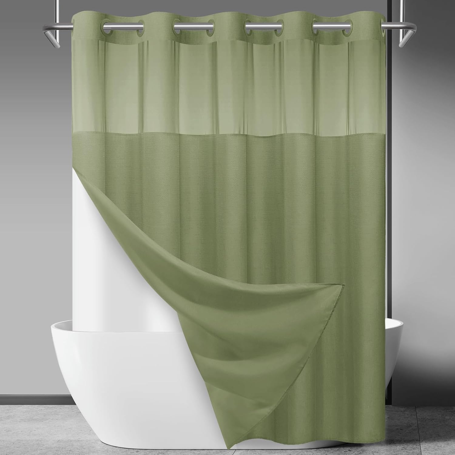 No Hook Slub Textured Shower Curtain with Snap in Liner - Black Fabric Outer Curtain & Waterproof Inner Liner, Hotel Style with See Through Top Window, 71x74 in