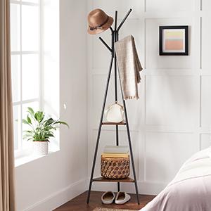 Coat Rack Freestanding, Coat Hanger Stand, Hall Tree with 2 Shelves, for Clothes, Hat, Bag, Industrial Style, Rustic Brown and Black URCR16BX