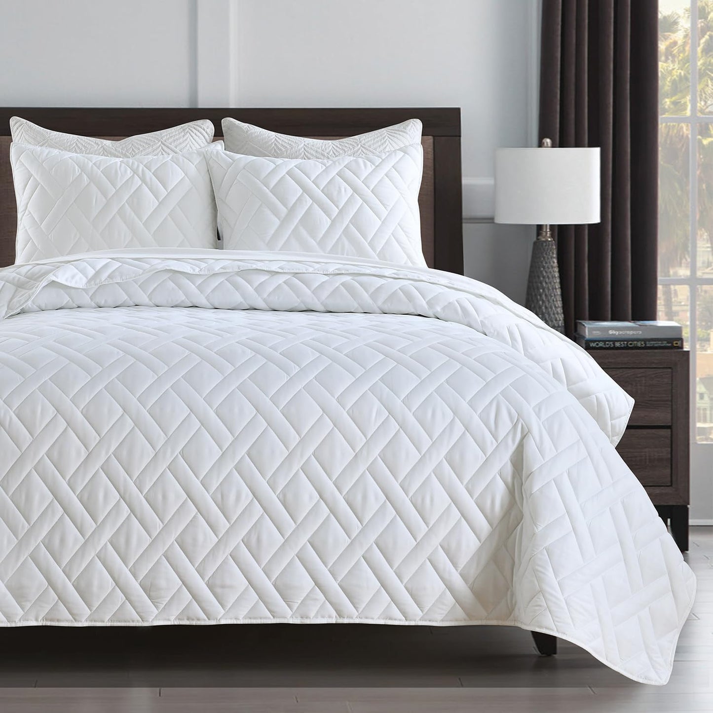 HOME Quilt Set Queen Size Navy Blue, Classic Geometric Diamond Stitched Pattern, Ultra Soft Microfiber Lightweight Bedding Bedspread Coverlet for All Season with 1 Quilt 2 Pillow Shams