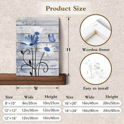 Farmhouse Floral Wall Art for Living Room, Blue and White Daisy Flower and Butterfly on Rustic Wood Board Canvas Wall Art Framed Artwork Ready to Hang for Bathroom Bedroom Decor, 16L X 12W