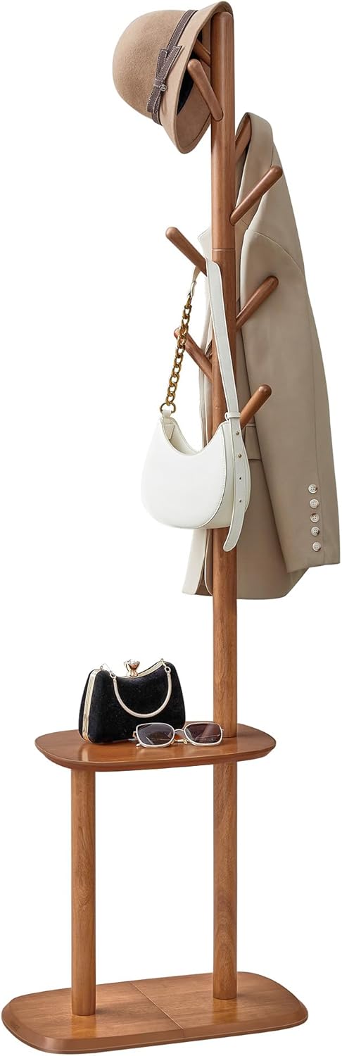 Coat Rack, Free Standing Coat Stand, Hall Coat Tree with 8 Hooks and Storage Shelf, 67.2 Inch Tall, for Coats, Hats, Bags, for Entryway, Hallway, Bedroom, Caramel Brown URCR040K01