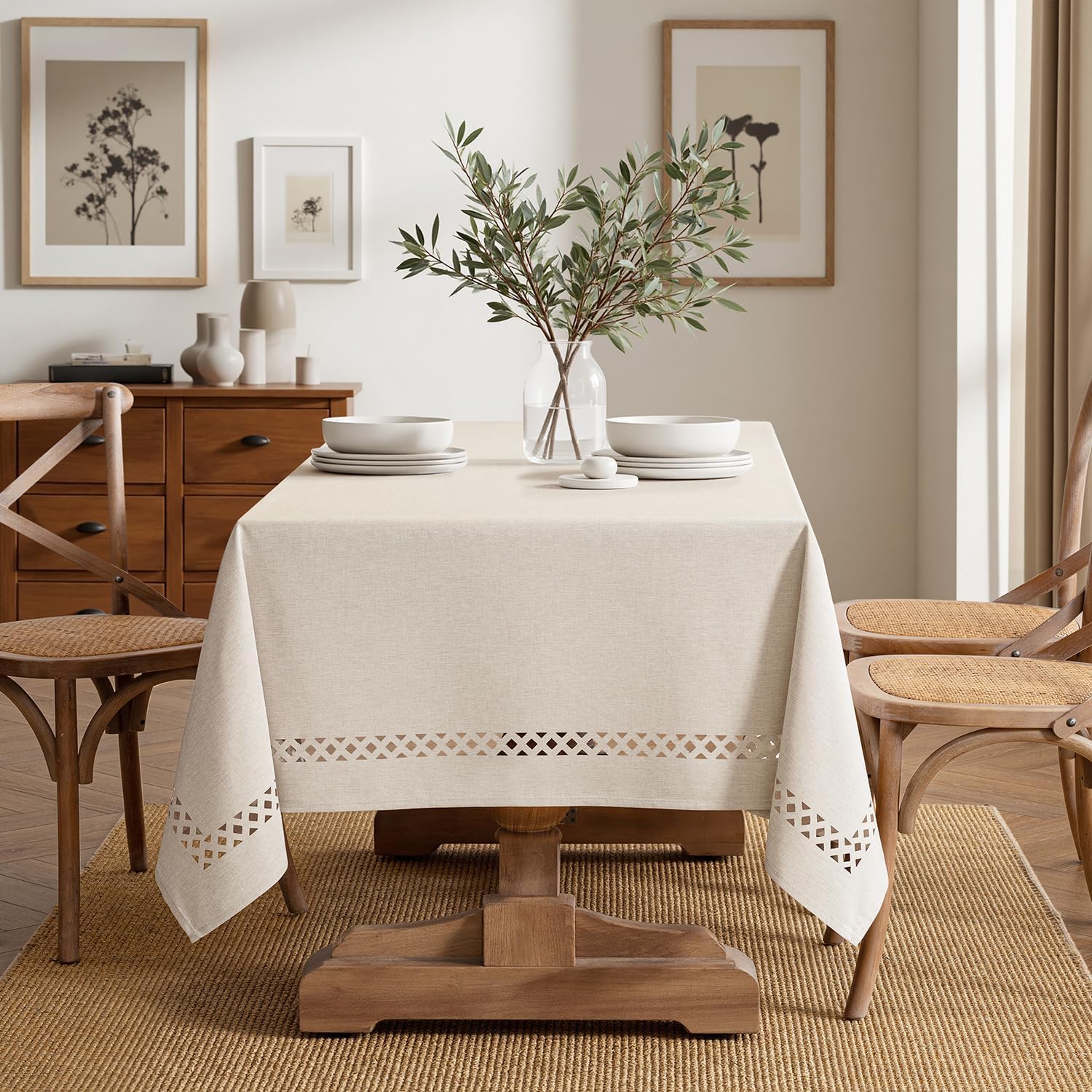 Beige Rectangle Linen Polyester Tablecloth with Decorative Cutouts Spring Waterproof Stain Resistant & Shrink-Proof Table Cloth 52x70 inch Farmhouse Style for Dining Wedding and Outdoor