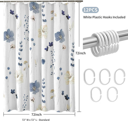 Watercolor Floral Shower Curtain, 3D Embossed Butterflies Grey Beige Flower Bathroom Curtains, Minimalist White Cloth Bath Curtain, Waterproof Fabric Textured Shower Curtain Set with Hooks, 72x72