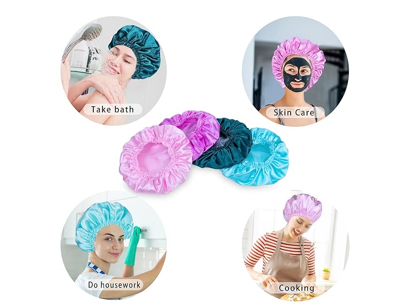 4 PCS Shower Caps for Women, Elastic and Reusable Bath Caps, Double Waterproof Layers Shower Cap, Bathing Shower Caps, Environmental Protection Hair Bath Hat - Printed Color