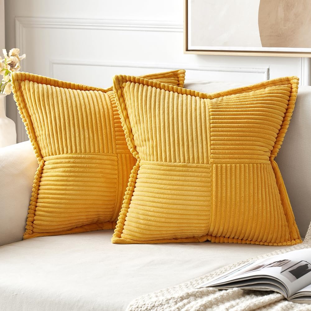 MIULEE Decorative Throw Pillow Covers for Couch Bed Livingroom 18x18 Inch Set of 2 Beige Boho Accent Throw Pllows Broadside Striped Patchwork Soft Corduroy Pillowcases
