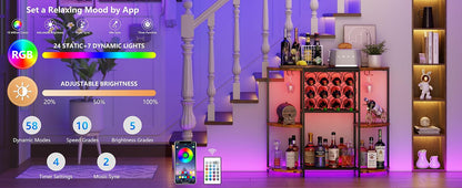 JKsmart Wine Bar Cabinet with LED Lights, Mini Wine Rack with Storage and Glass Holder, Home Bar Cart for Liquor, 3-Tier Bar Table for Kitchen, Dining Room, Living Room, Rustic Brown