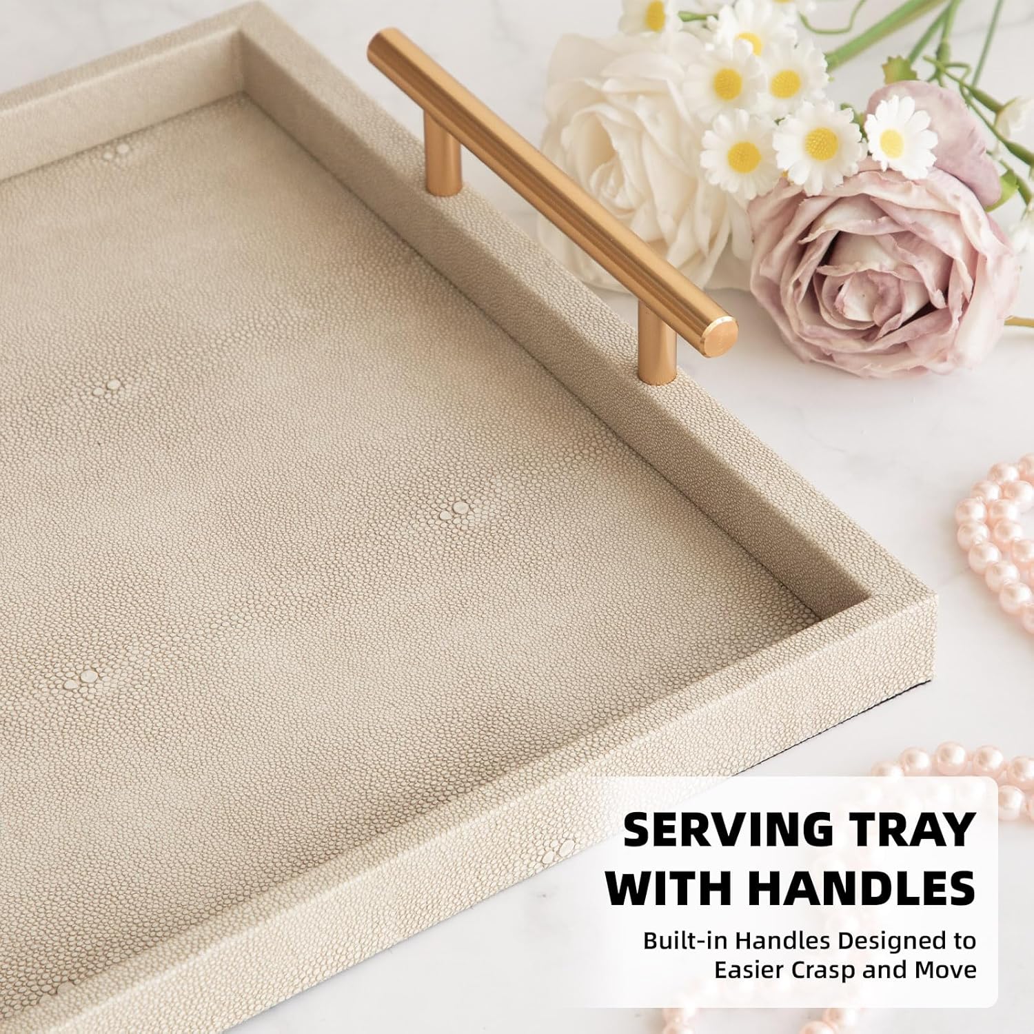 Modern Decorative Tray Set of 2 Ivory Shagreen Leather and Wood Serving Tray with Gold Polished Metal Handles for Ottoman, Coffee Table, Bathroom and More