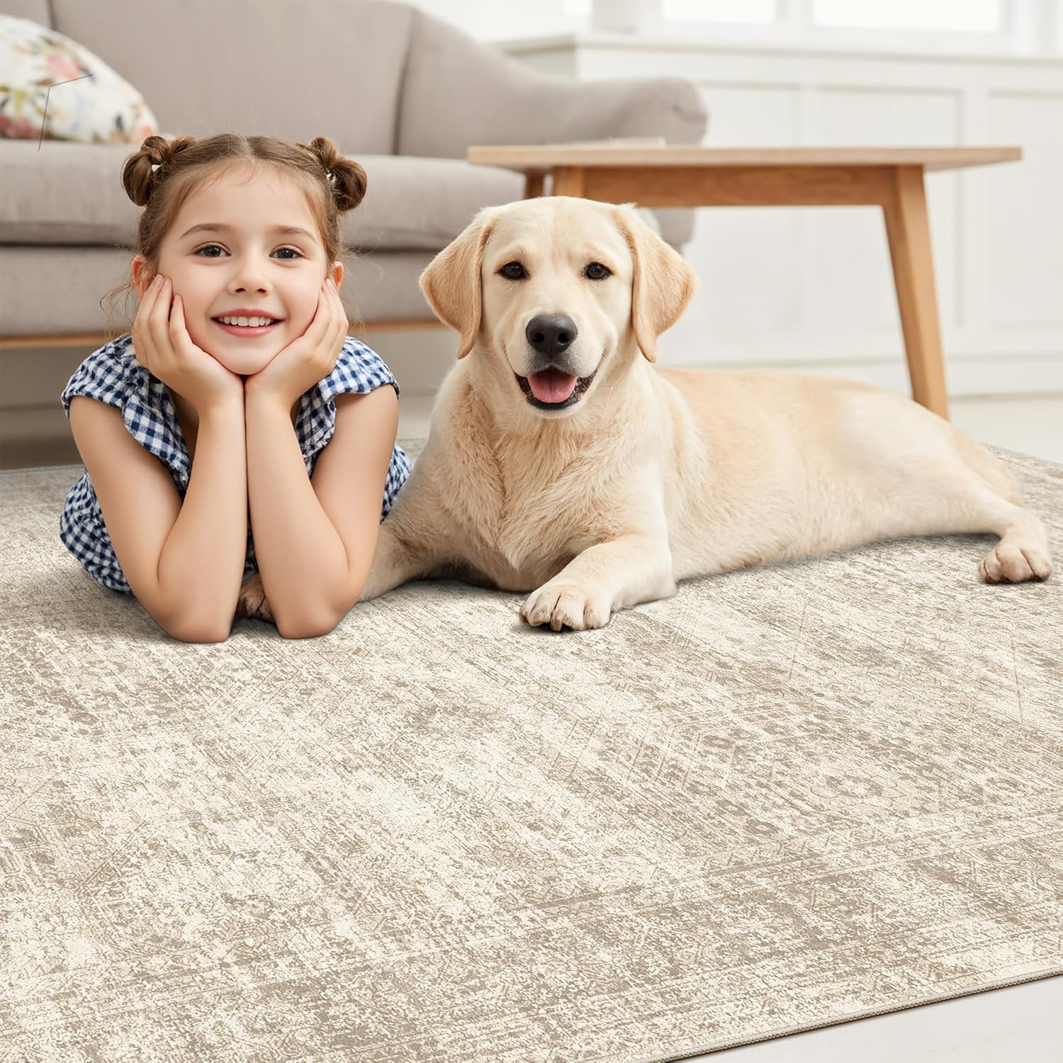 Soalmost Washable Area Rug 8x10, Large Soft Rugs for Living Room Vintage Beige Carpet 8x10 Area Rugs for Bedroom Dining Room Non-Slip Stain Resistant Under Table Rug