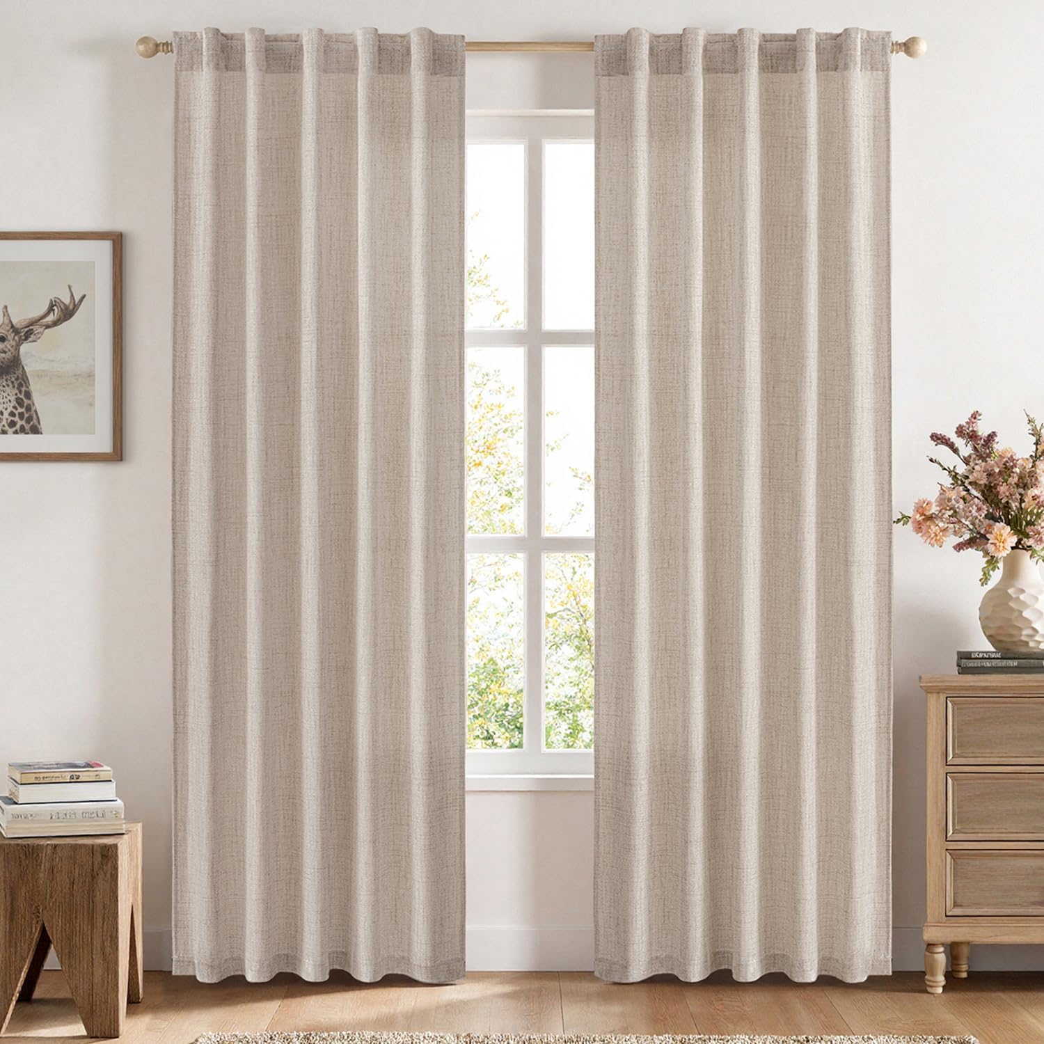 Linen Curtains 84 Inch Length 2 Panels Natural Semi Sheer Curtain with Back Tab Rod Pocket, Light Filtering Window Privacy Burlap Drapes for Living Room Bedroom 42W x 84L Linen