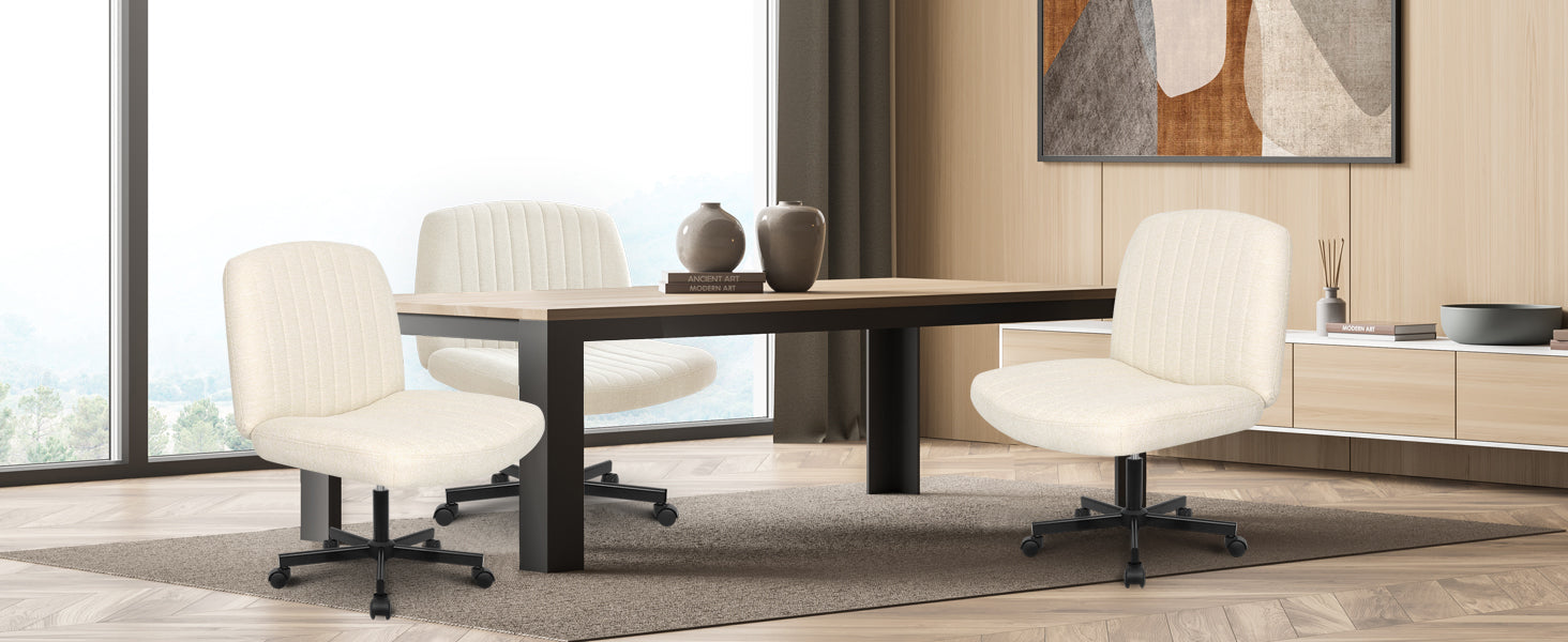 Chair Wheels Wide Cross Legged Office Desk Vanity Chair Comfy Fabric Armless Adjustable Swivel for Home Computer Task (Beige Wheel, Fabric)
