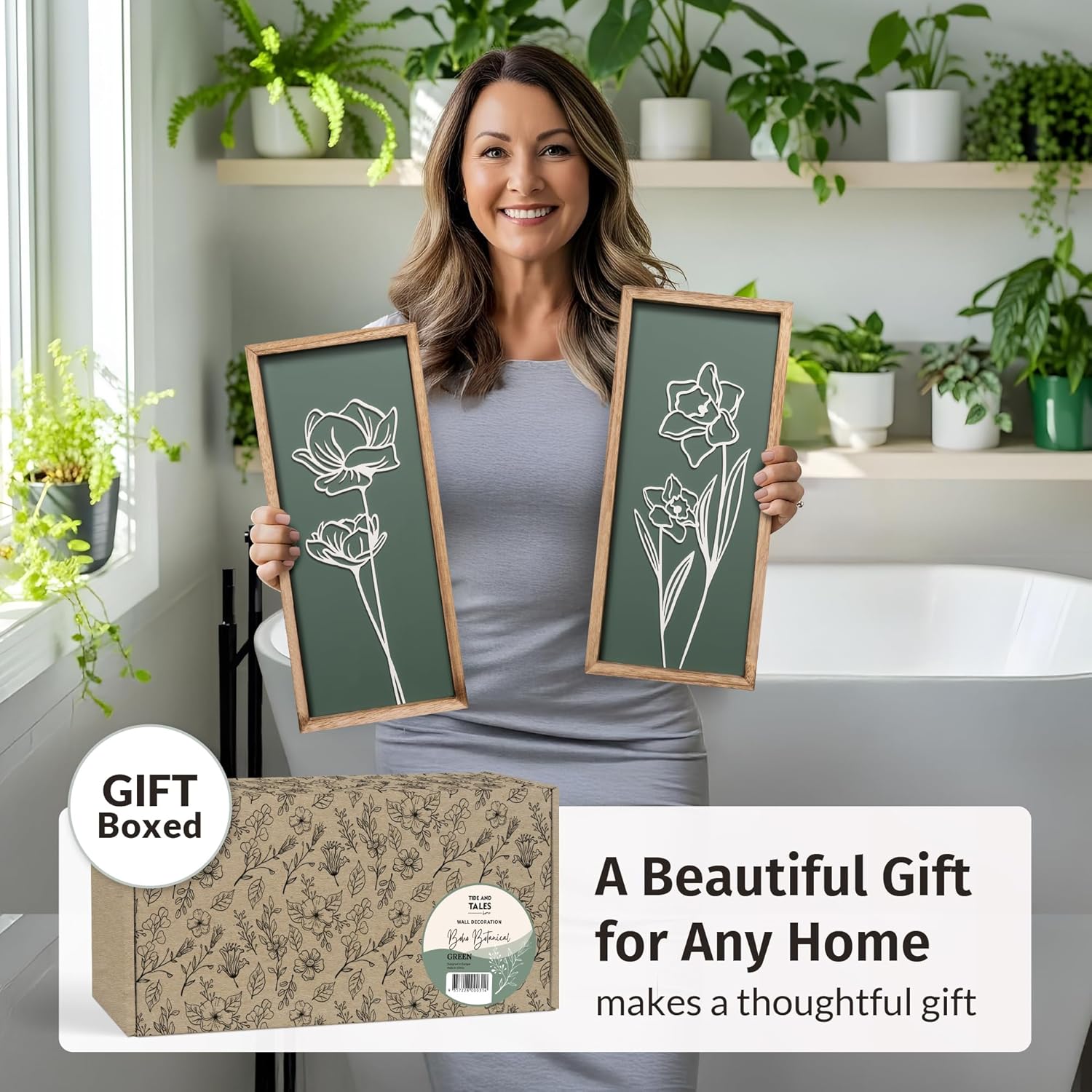 3D Floral Green Wall Art (Set of 2) Lightweight, Wooden Ready-to-Hang Boho Framed Wall Art for Bathroom, Bedroom, Living Room or Office – Premium Sage Green Farmhouse Decor – Gift-Boxed