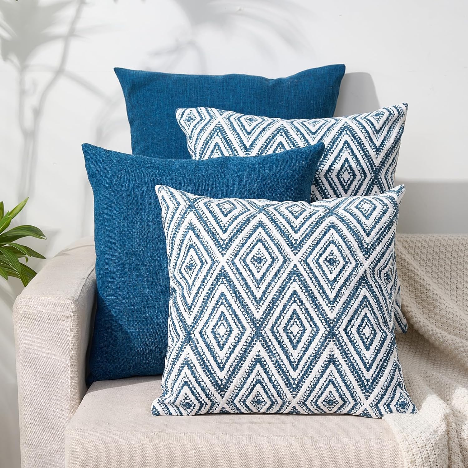 HPUK Decorative Throw Pillow Covers Set of 4 Square Couch Pillows Linen Cushion Cover for Couch Sofa Living Room, 18"x18" inches, Blue