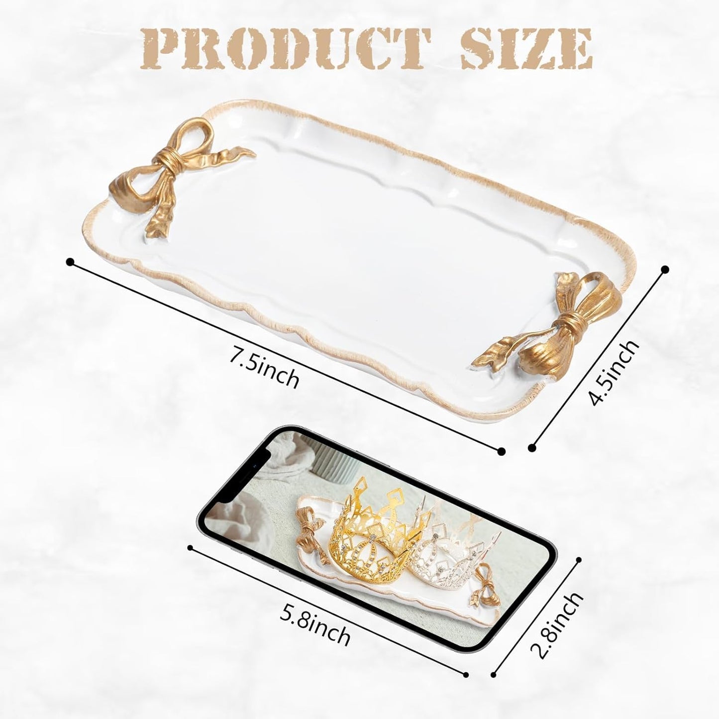 Jewelry Organizer, Decorative Tray for Jewelry, Towel, Storage, Rings, Bracelets, Earrings, Cosmetics, Retro Design, Bow Decor Resin Plate Coquette for Room Decor, White