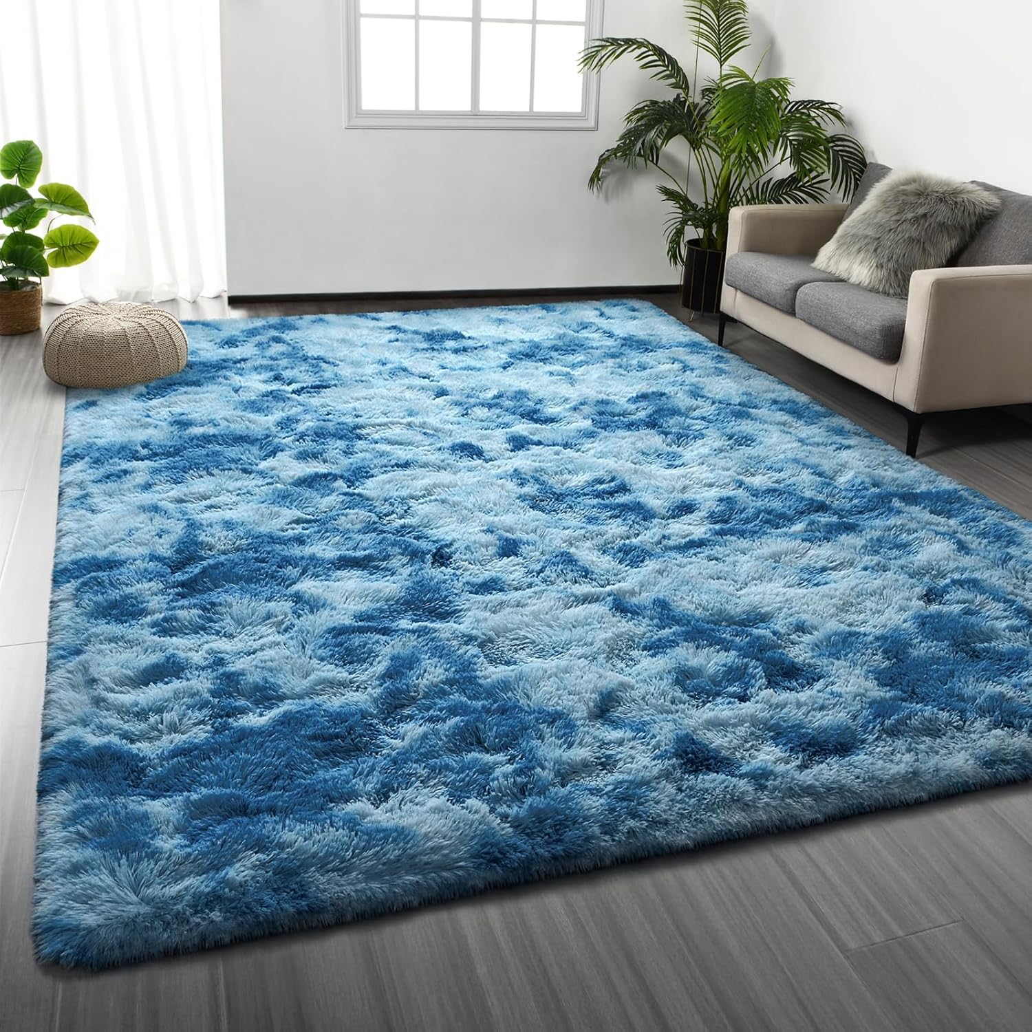 Large Shag Area Rugs 6 x 9, Tie-Dyed Plush Fuzzy Rug for Living Room, Ultra Soft Fluffy Furry Rugs for Bedroom, Indoor Carpet Nursery Rugs for Kids Room Home Decor, Light Grey