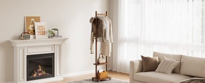 Solid Wood Coat Rack Freestanding - Rolling Clothes Rack with 8 Hooks & Shelves, Small Clothing Rack with Wheels, Heavy Duty Clothing Racks for Hanging Clothes, Portable Hall Tree for Entryway