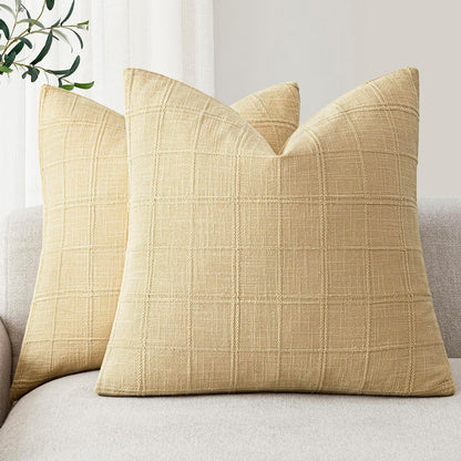 Foindtower Set of 2 Decorative Linen Check Throw Pillow Covers Neutral Farmhouse Vintage Cushion Covers Modern Boho Home Decor for Sofa Chair Couch Bedroom Living Room,18×18 Inch,Natural Beige