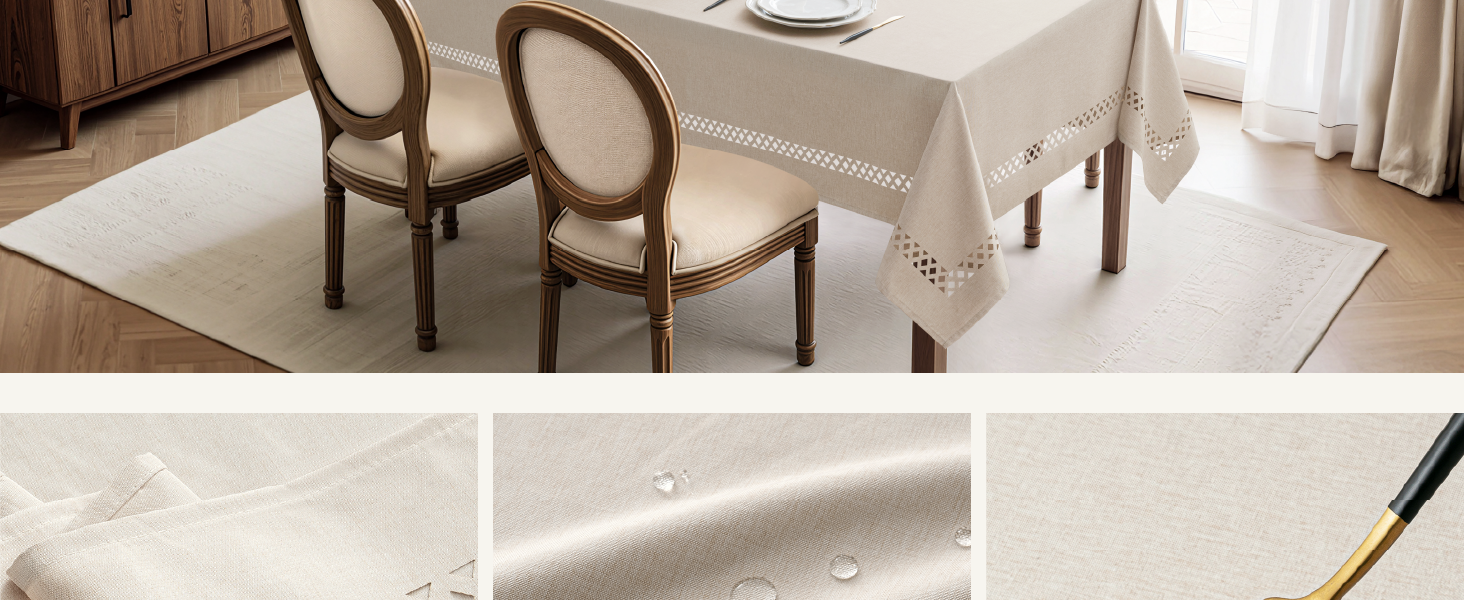 Beige Rectangle Linen Polyester Tablecloth with Decorative Cutouts Spring Waterproof Stain Resistant & Shrink-Proof Table Cloth 52x70 inch Farmhouse Style for Dining Wedding and Outdoor
