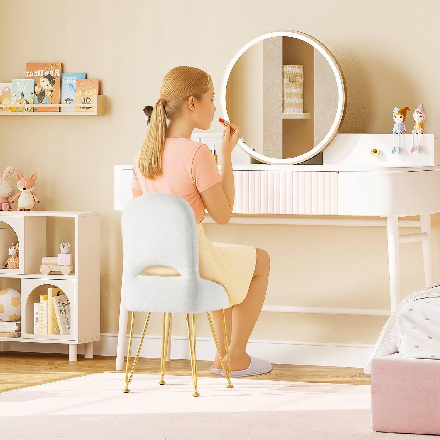 Small Vanity Stool Chair with Storage and Folding Back, 13.4" x 15" x 30" Square Faux Fur Soft Ottoman, 4 Metal Legs with Anti-Slip Feet, Furry Padded Seat for Makeup, Bedroom, White