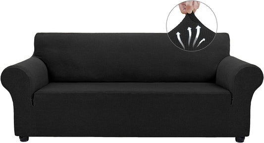 Couch Covers for 3 Cushion Couch Sofa Pet Friendly, 3 Seater Sofa Cover Washable Slipcovers Protector Furniture Covers for Dogs Spandex Jacquard Fabric Small Checks（Large，Black）