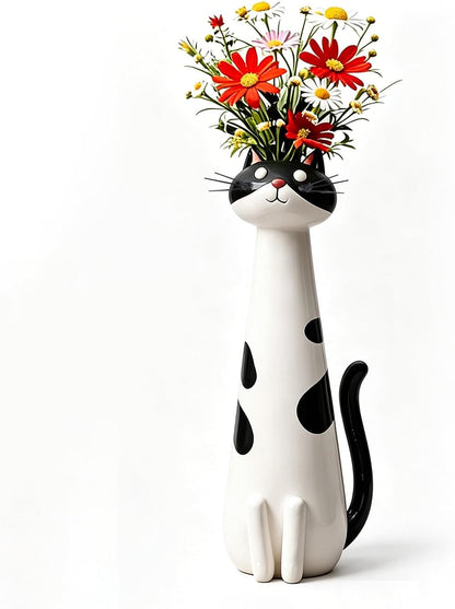 Quirky Cat Vase, Handcrafted Ceramic Cat Vase, Whimsical Kitty Planter for Small Flowers Boho Home Decor(White)